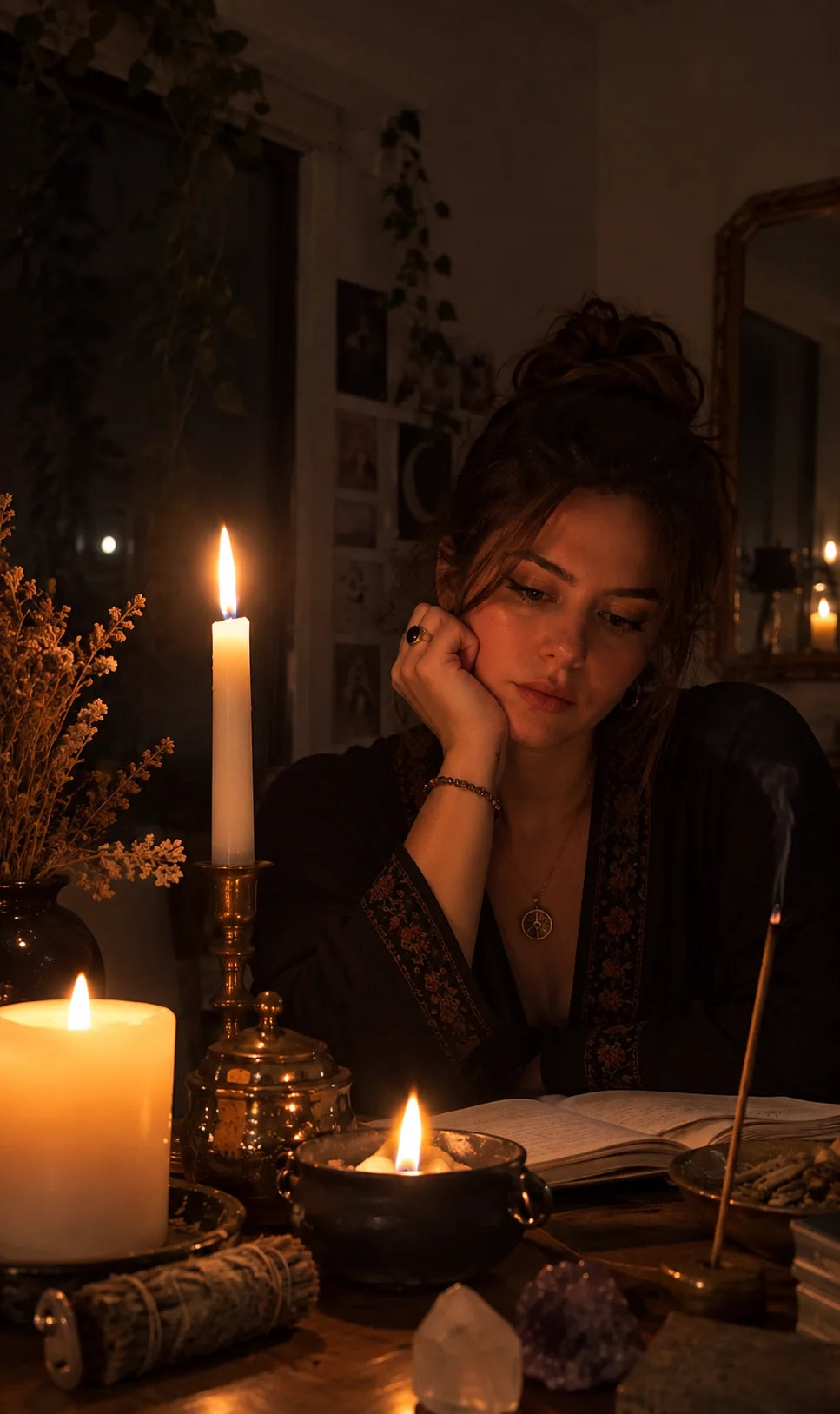 Anastasia at her candlelit reading table