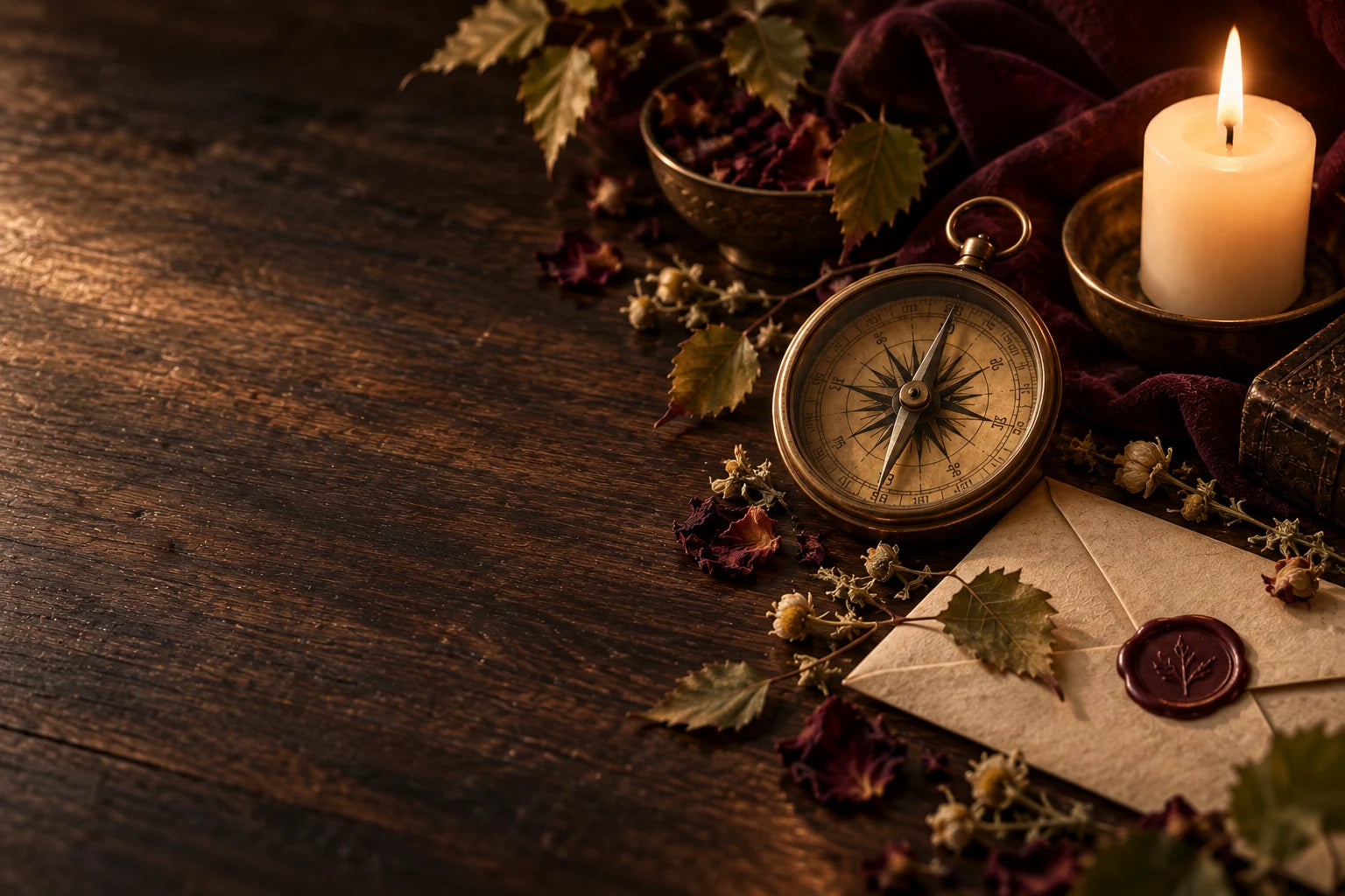 Antique brass compass and a sealed invitation on a candlelit walnut table