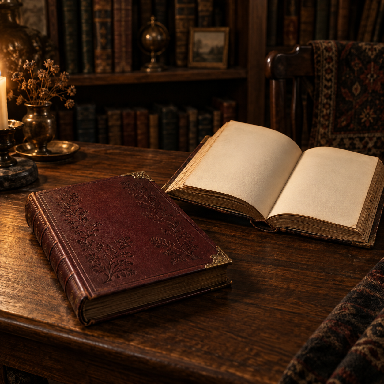 Leather-bound books on a candlelit reading table