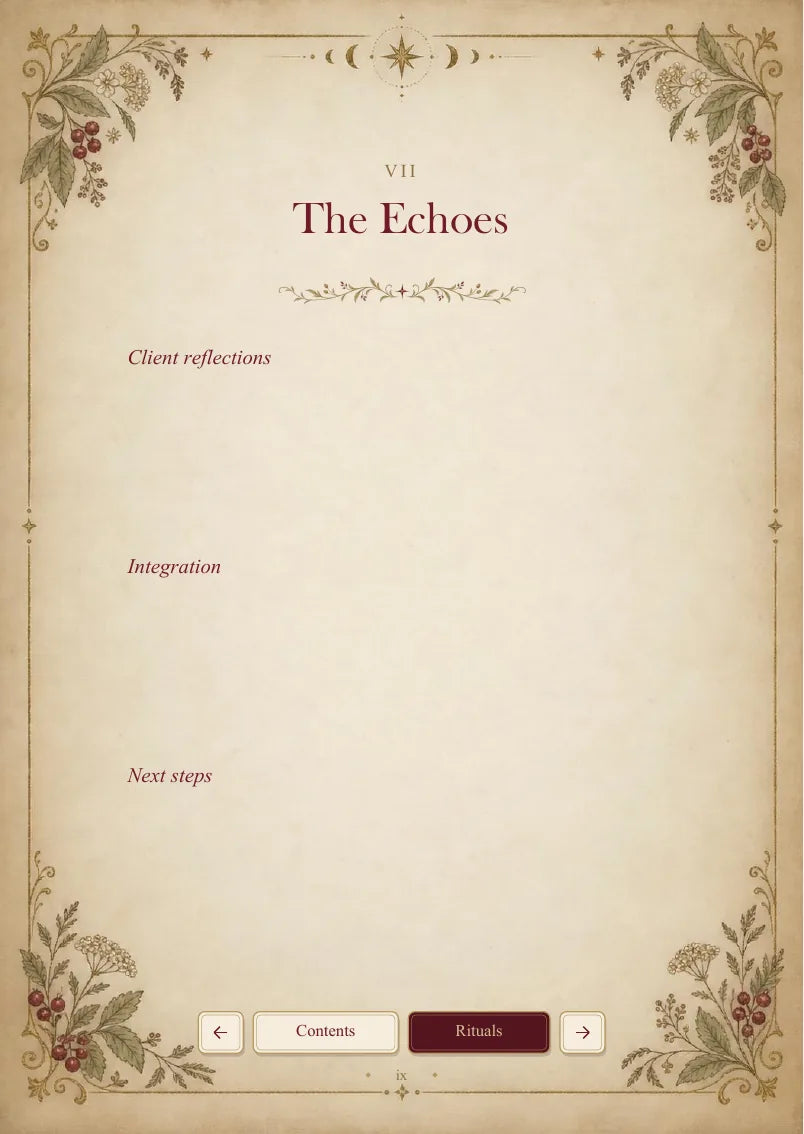 Blank personal grimoire, page 10 of 13. Blank fields for client reflections, integration and next steps.