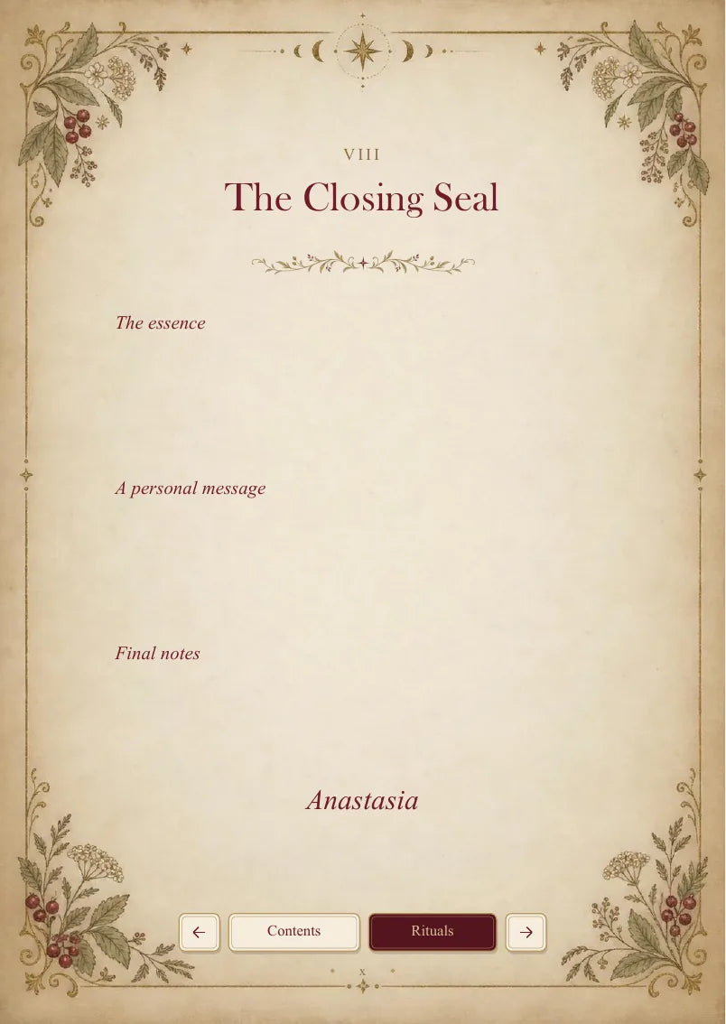 Blank personal grimoire, page 11 of 13. Blank fields for the essence, a personal message and final notes.