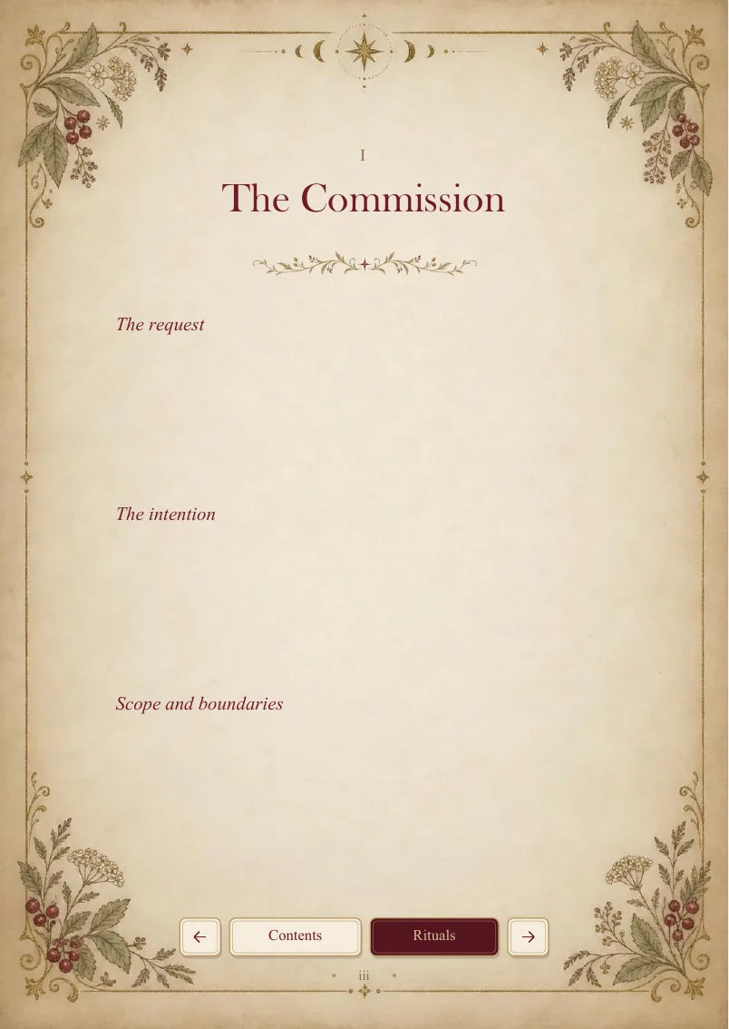 Blank personal grimoire, page 4 of 13. Blank fields for the request, intention, scope and boundaries.