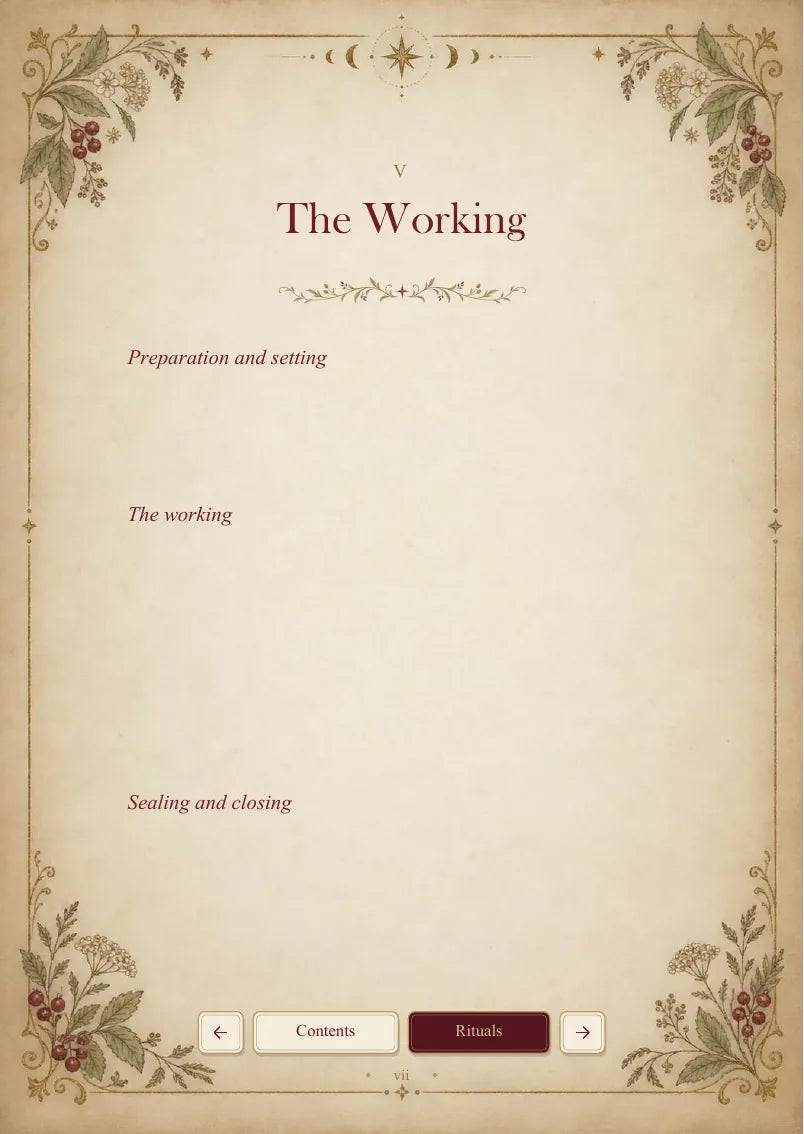 Blank personal grimoire, page 8 of 13. Blank fields for preparation, the working, sealing and closing.