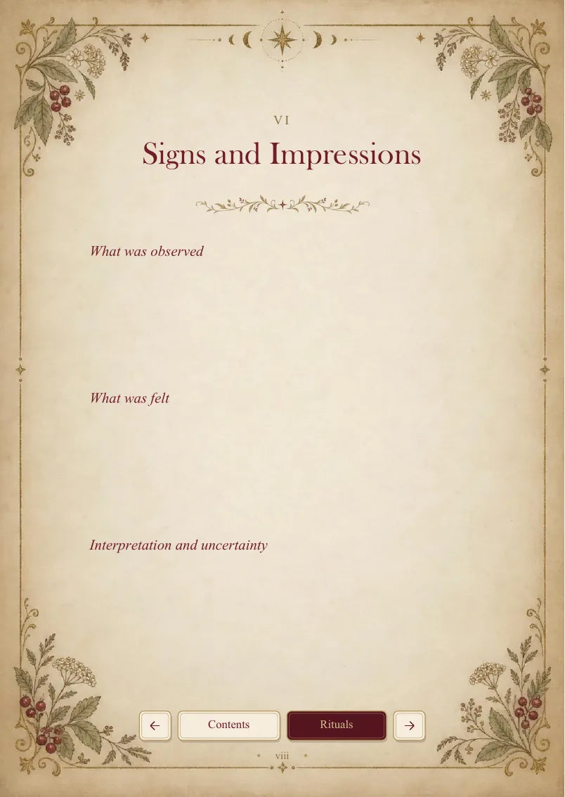 Blank personal grimoire, page 9 of 13. Blank fields distinguishing observations, feelings, interpretation and uncertainty.